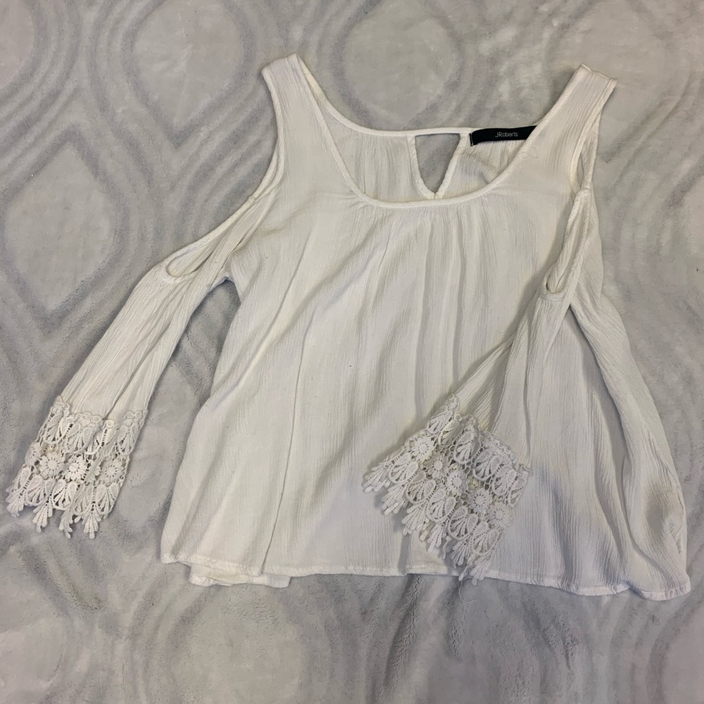 White Lacy Sleeve Blouse with Cut Out Shoulders